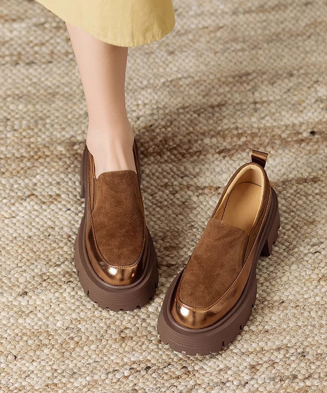 Brown Cowhide Leather Loafer Shoes Splicing Platform