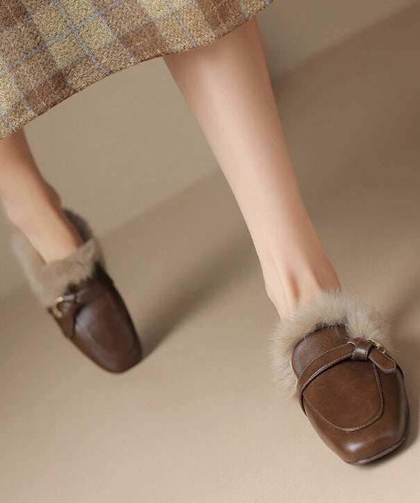 Brown Cowhide Leather Slippers Shoes Splicing Fuzzy Wool Lined