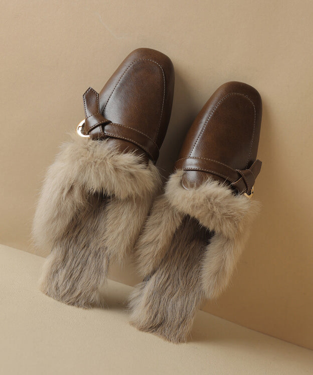 Brown Cowhide Leather Slippers Shoes Splicing Fuzzy Wool Lined