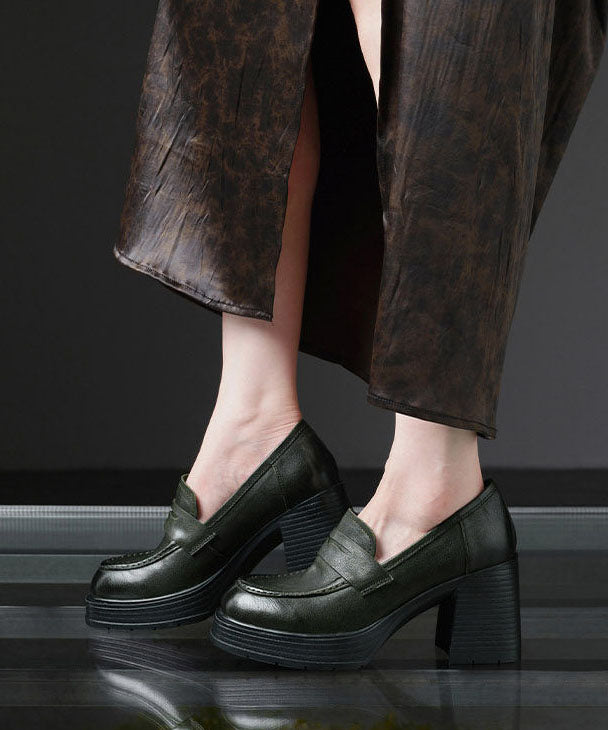 Brown Cowhide Leather Stylish Splicing Chunky Heel Loafers
