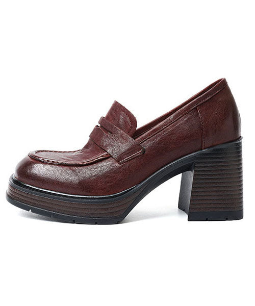 Brown Cowhide Leather Stylish Splicing Chunky Heel Loafers