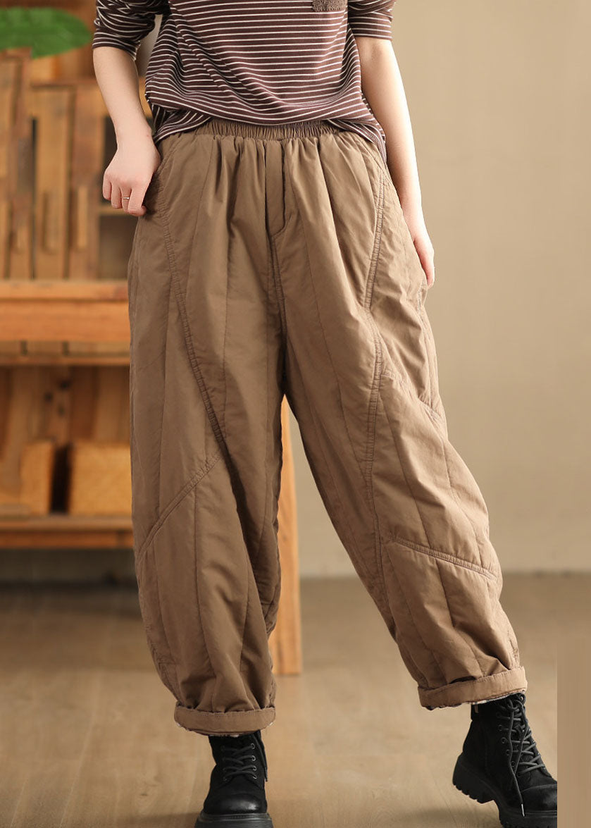 Brown Elastic Waist Patchwork Fleece Harem Pants