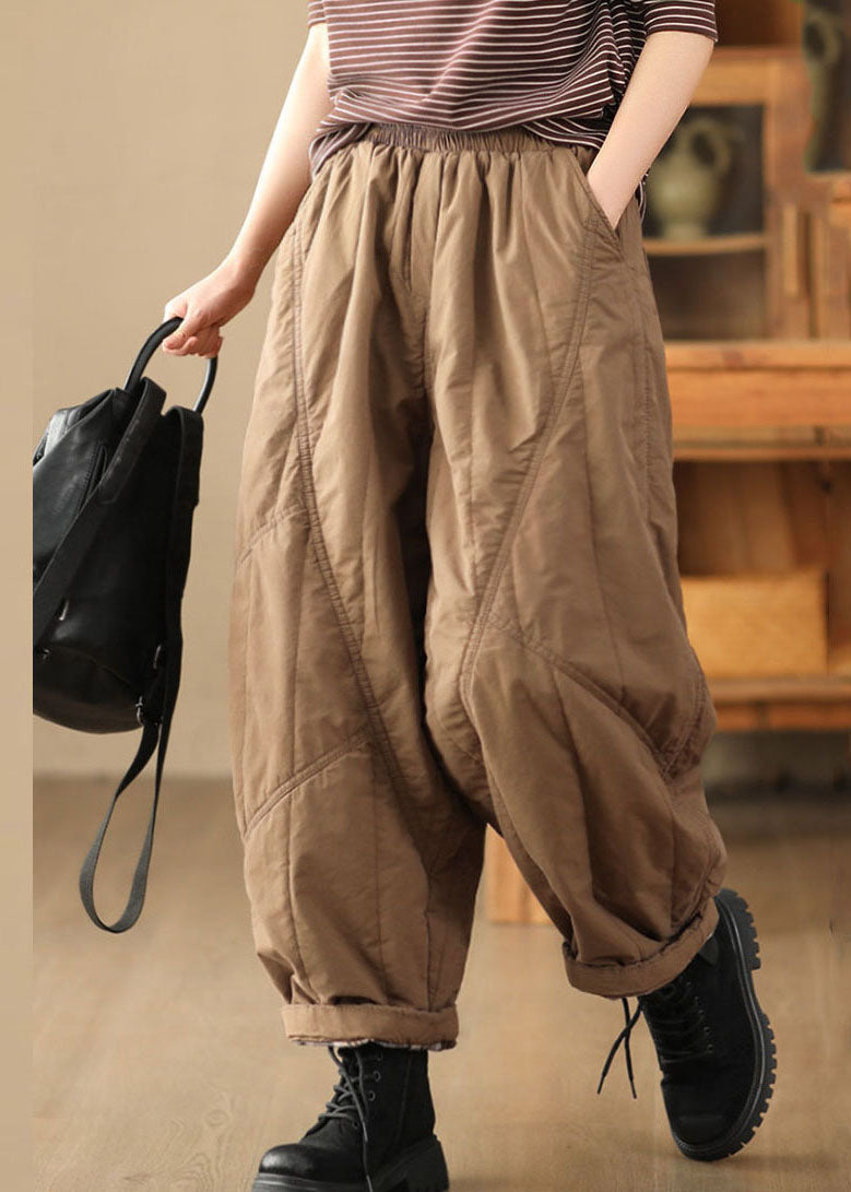 Brown Elastic Waist Patchwork Fleece Harem Pants