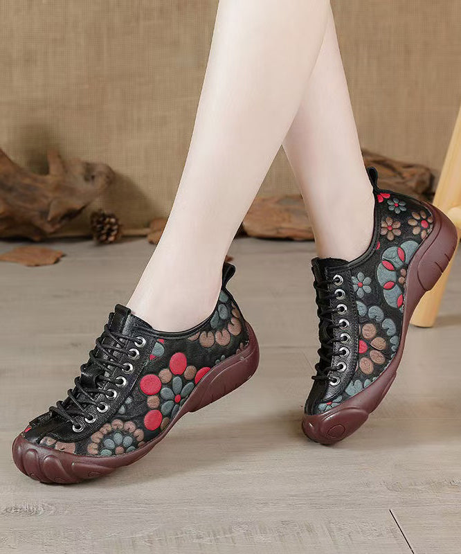 Brown Embossed Cross Strap Splicing Cowhide Leather Flat Shoes