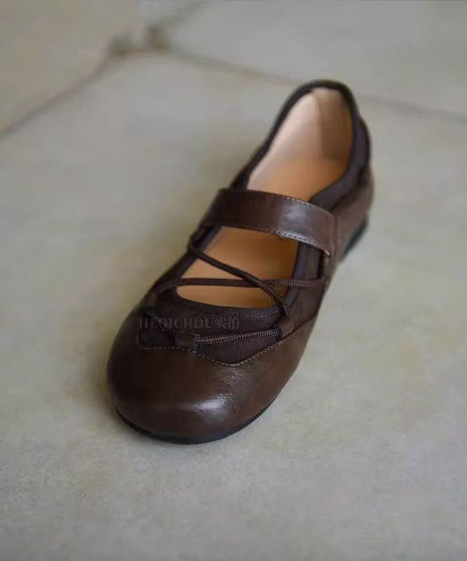 Brown Faux Leather Cross Strap Splicing Flat Shoes For Women
