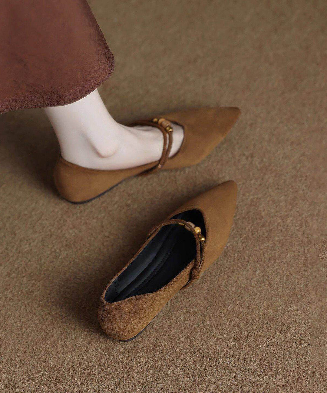 Brown Faux Leather Flat Feet Shoes Pointed Toe Flat Shoes