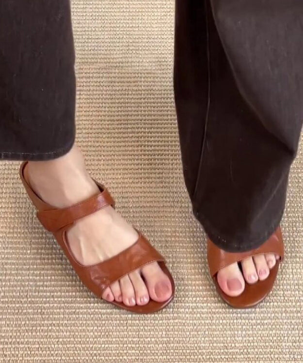 Brown Faux Leather Splicing Wedge Slide Sandals Peep Toe