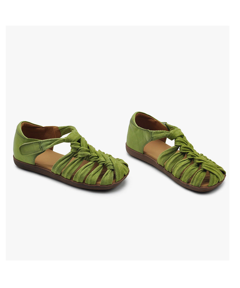 Brown Flat Sandals Comfy Splicing Hollow Out Cowhide Leather