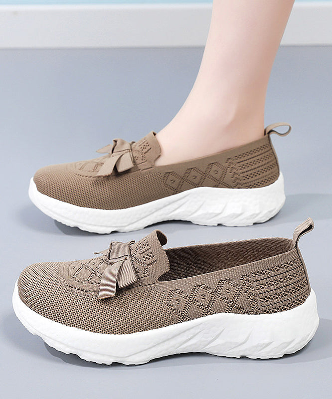 Brown Flat Shoes For Women Knit Fabric Comfy Flat Shoes
