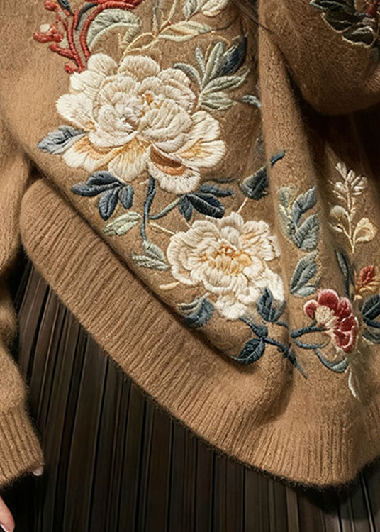 Brown Floral Cozy Knit Knit Sweaters O Neck Fall
