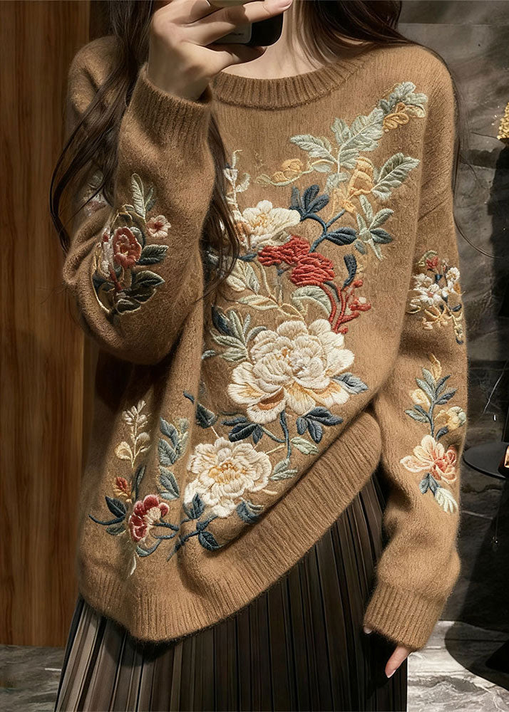 Brown Floral Cozy Knit Knit Sweaters O Neck Fall