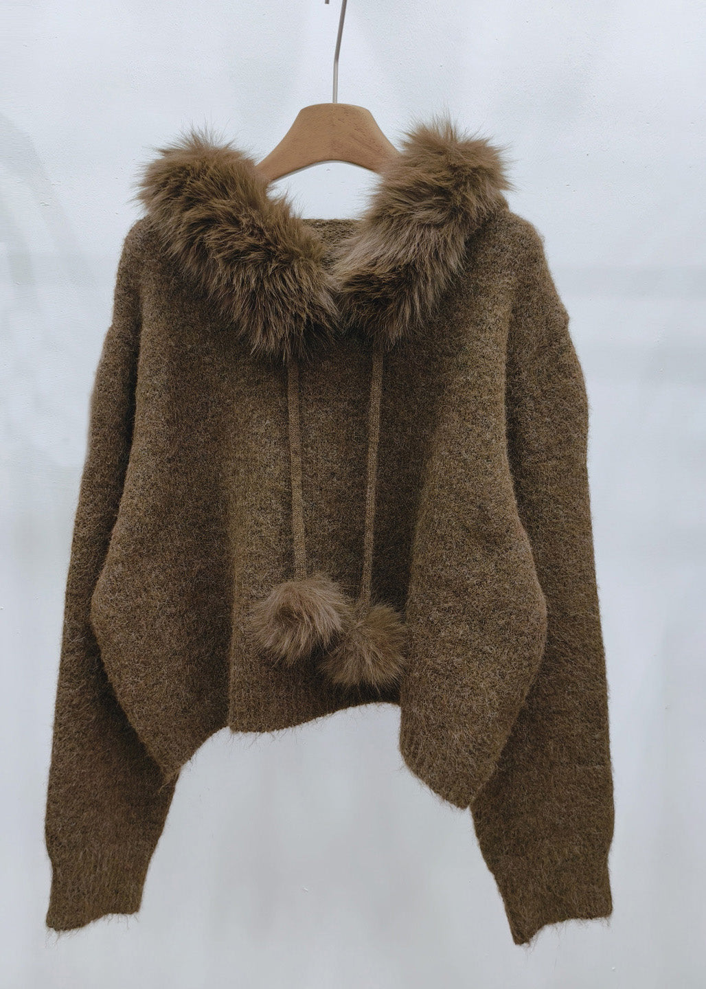 Brown Fur Collar Cozy Hooded Cotton Knit Pullover Winter