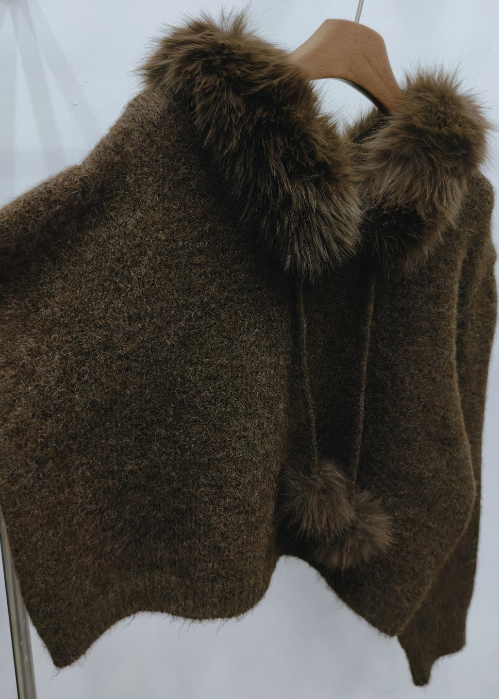 Brown Fur Collar Cozy Hooded Cotton Knit Pullover Winter