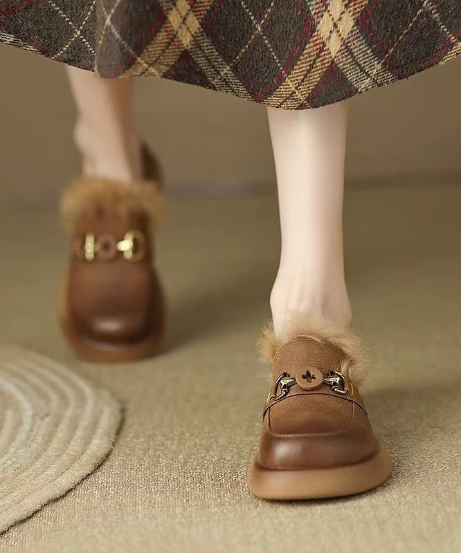 Brown Fuzzy Wool Lined Splicing Platform Loafers For Women