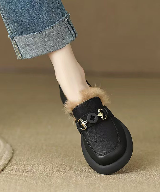 Brown Fuzzy Wool Lined Splicing Platform Loafers For Women