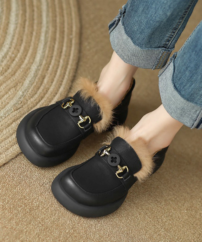 Brown Fuzzy Wool Lined Splicing Platform Loafers For Women