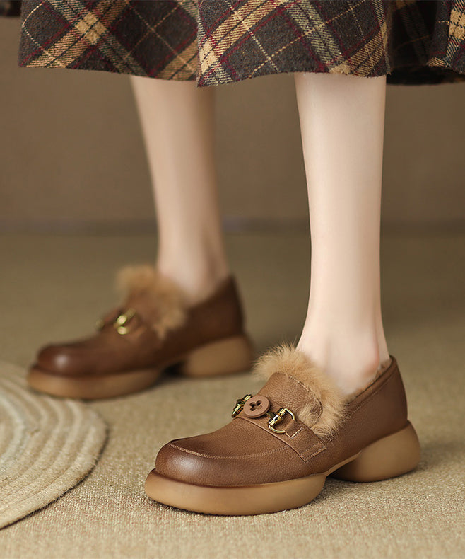 Brown Fuzzy Wool Lined Splicing Platform Loafers For Women