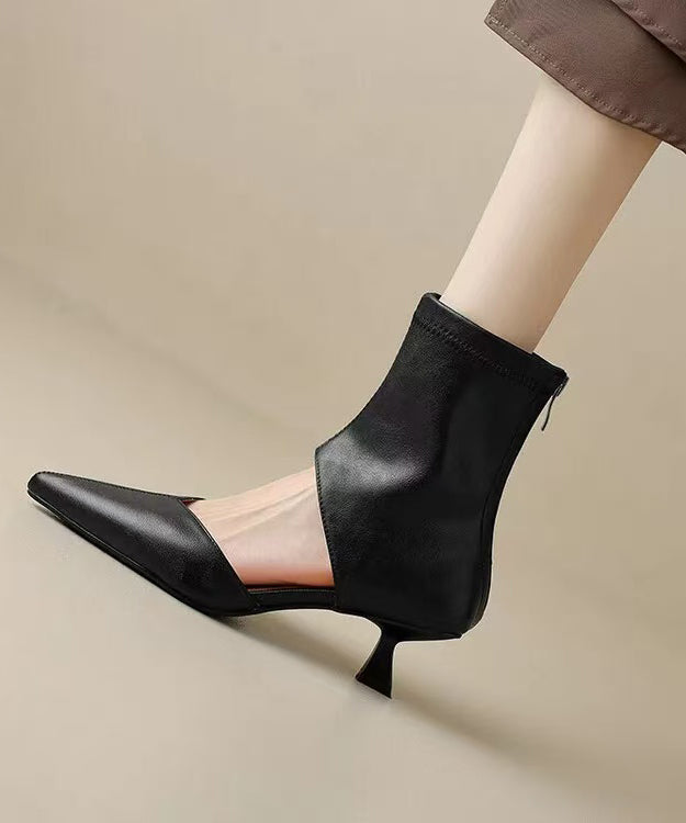 Brown Hollow Out Splicing High Heel Boots Pointed Toe