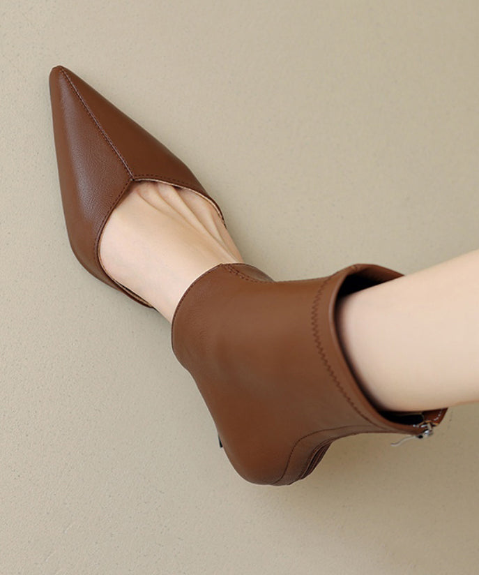 Brown Hollow Out Splicing High Heel Boots Pointed Toe