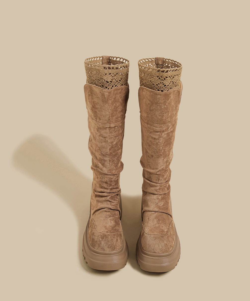 Brown Lace Splicing Wrinkled Faux Leather Chunky Boots