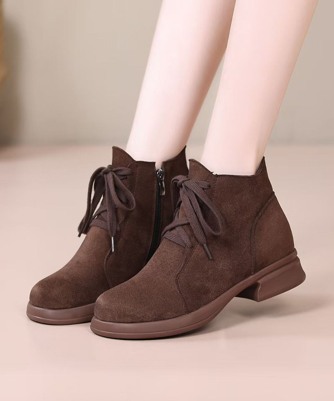 Brown Lace Up Chunky Suede Casual Splicing Boots
