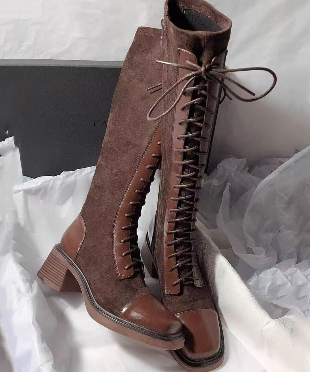 Brown Lace Up Splicing Chunky Cowhide Leather Knee Boots