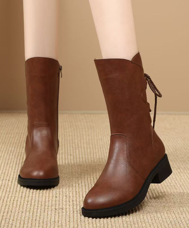 Brown Lace Up Splicing Cowhide Leather Chunky Boots