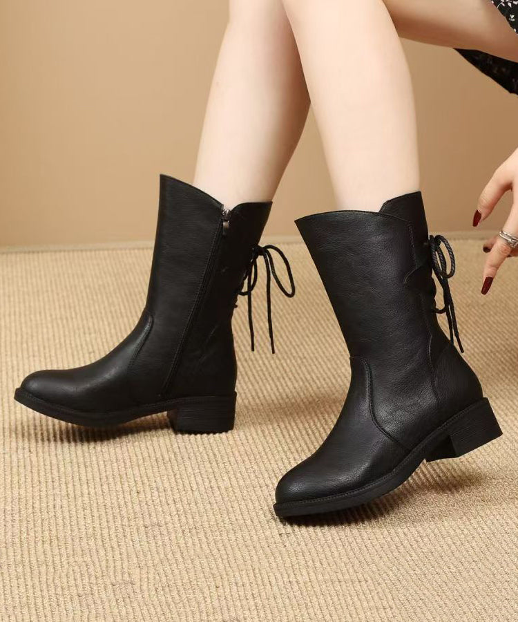 Brown Lace Up Splicing Cowhide Leather Chunky Boots