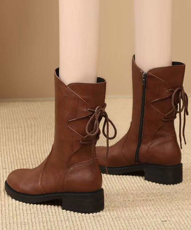 Brown Lace Up Splicing Cowhide Leather Chunky Boots