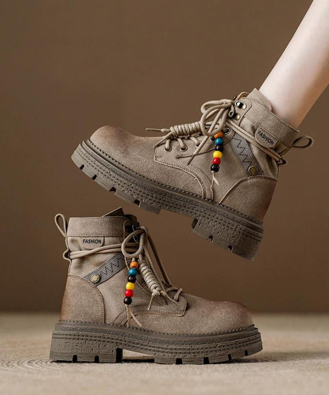 Brown Lace Up Zippered Splicing Platform Boots