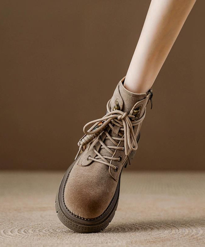 Brown Lace Up Zippered Splicing Platform Boots