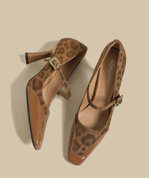 Brown Leopard Buckle Strap Splicing Stiletto High Heels