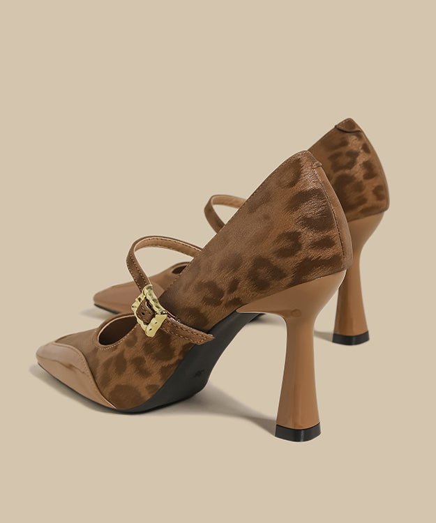 Brown Leopard Buckle Strap Splicing Stiletto High Heels