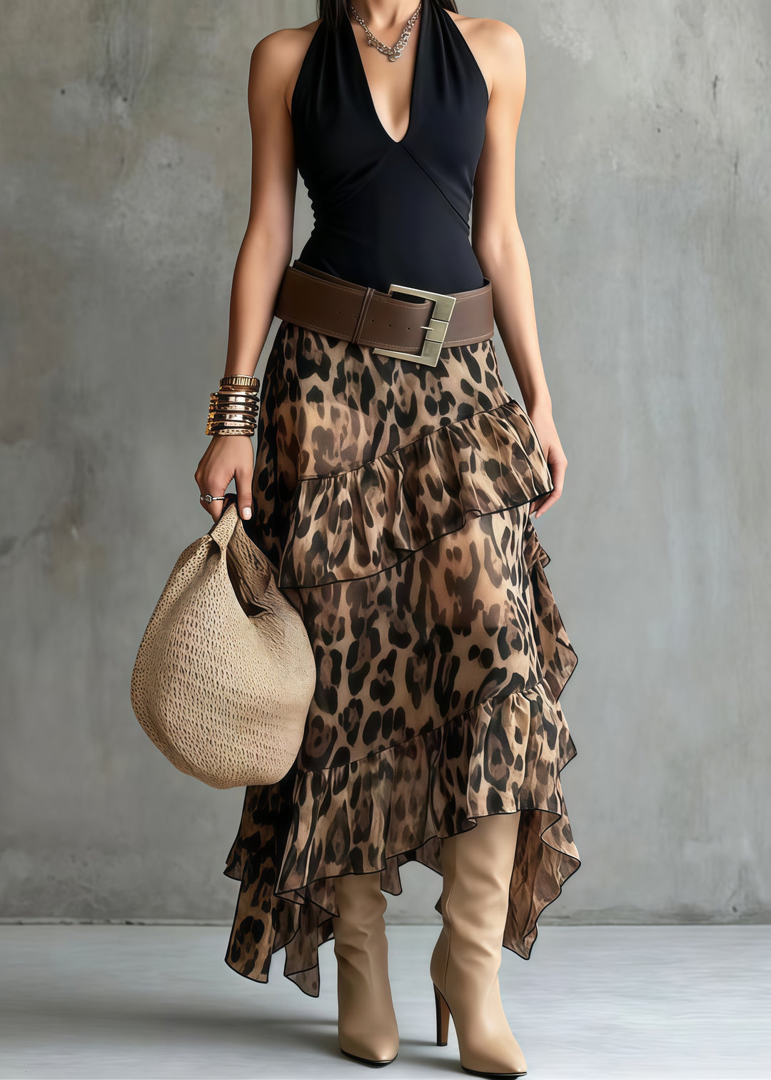 Brown Leopard Print Chiffon Holiday Skirt Ruffled Summer