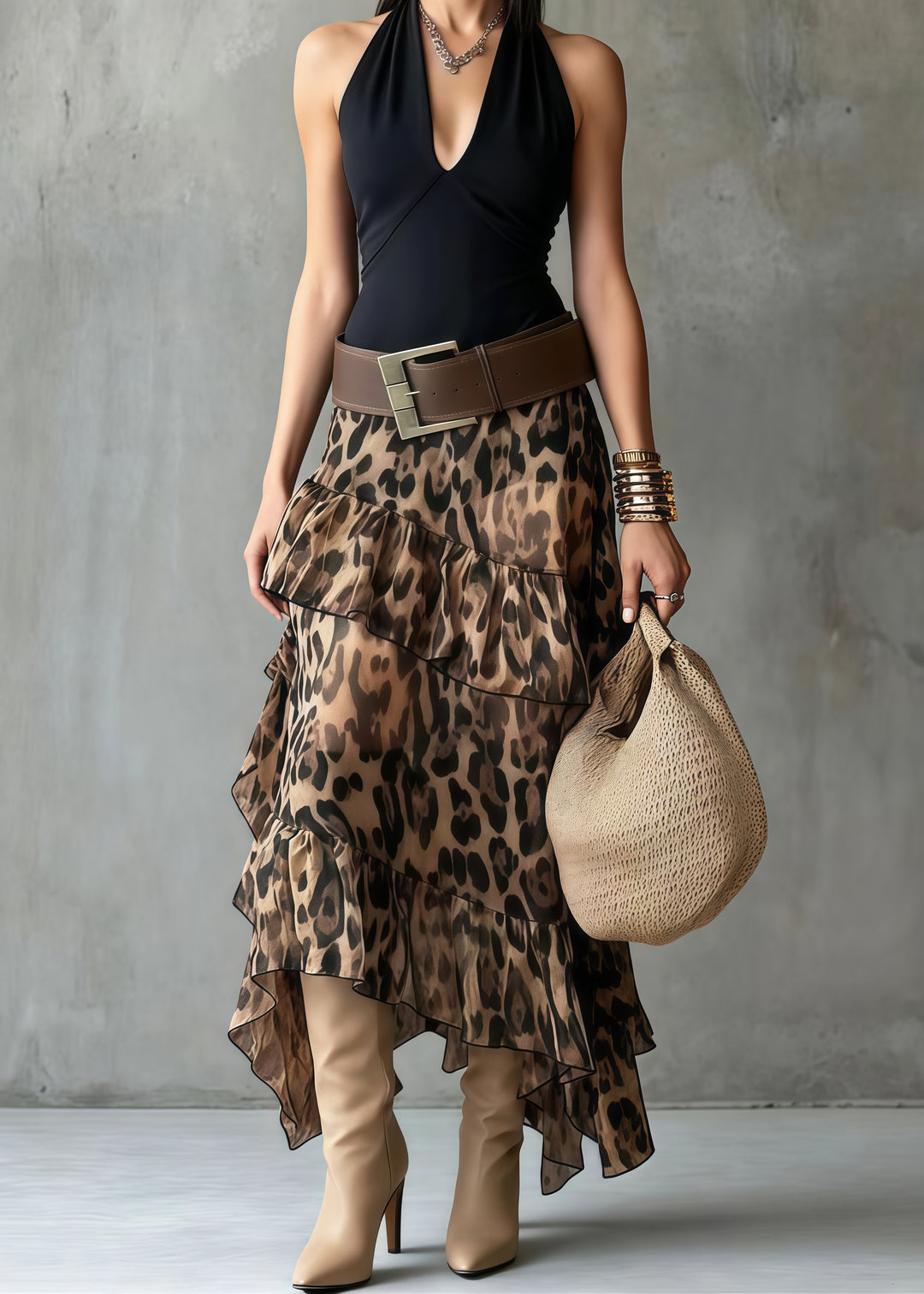 Brown Leopard Print Chiffon Holiday Skirt Ruffled Summer