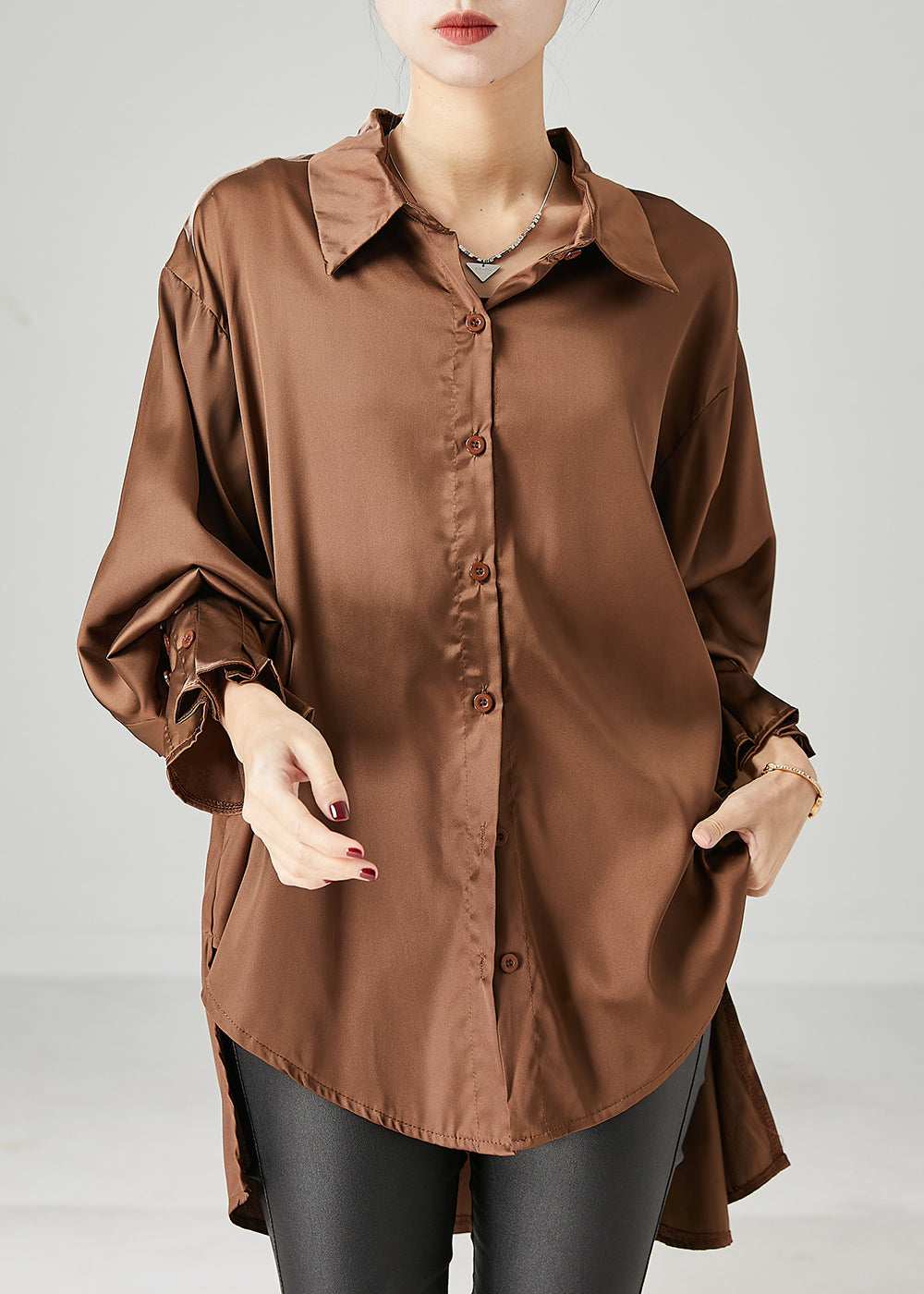 Brown Oversized Chiffon Blouse Low High Design Spring