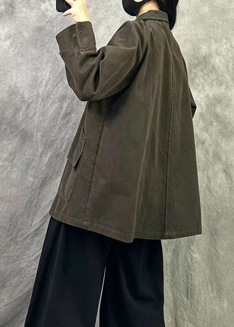 Brown Patchwork Cotton Coat Oversized Pockets Fall