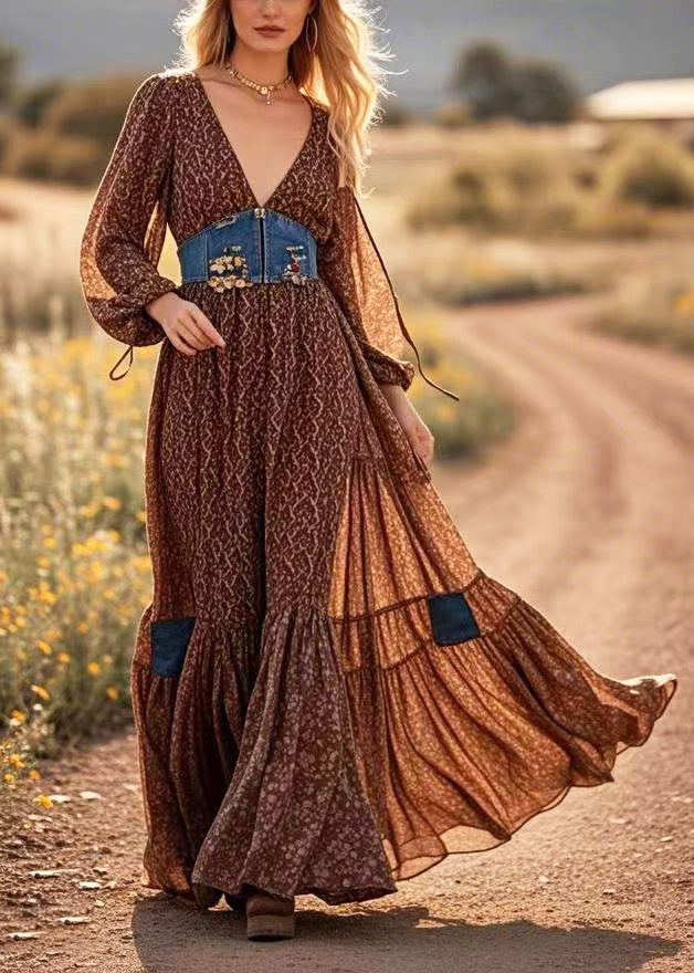 Brown Patchwork Cotton Maxi Dresses Cinched Exra Large Hem Spring