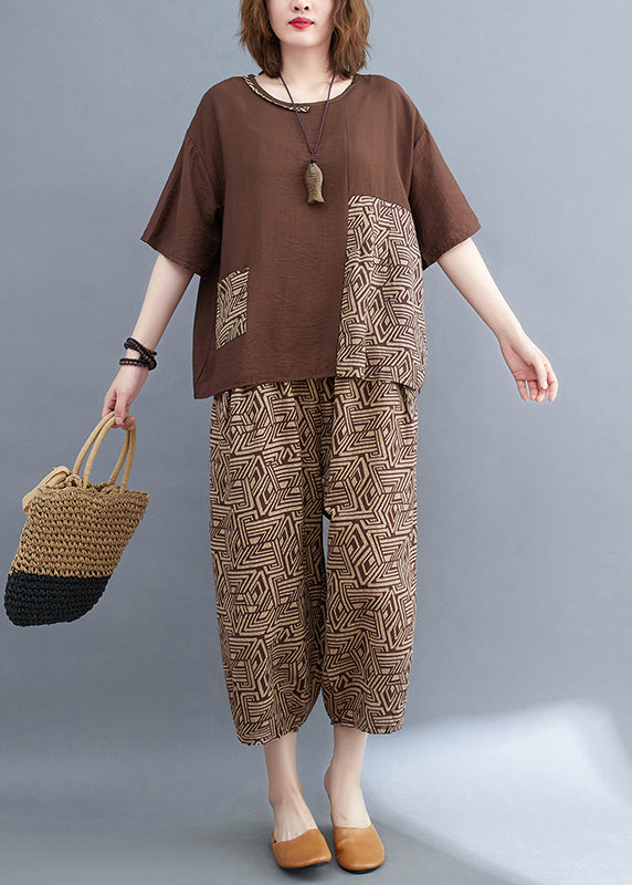 Brown Patchwork Print Cotton Two Piece Set Asymmetrical Summer