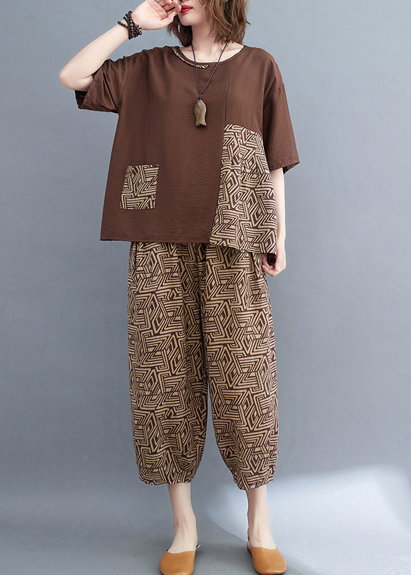 Brown Patchwork Print Cotton Two Piece Set Asymmetrical Summer