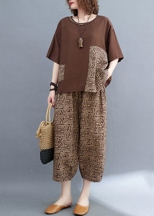 Brown Patchwork Print Cotton Two Piece Set Asymmetrical Summer