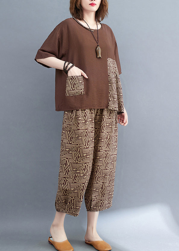 Brown Patchwork Print Cotton Two Piece Set Asymmetrical Summer