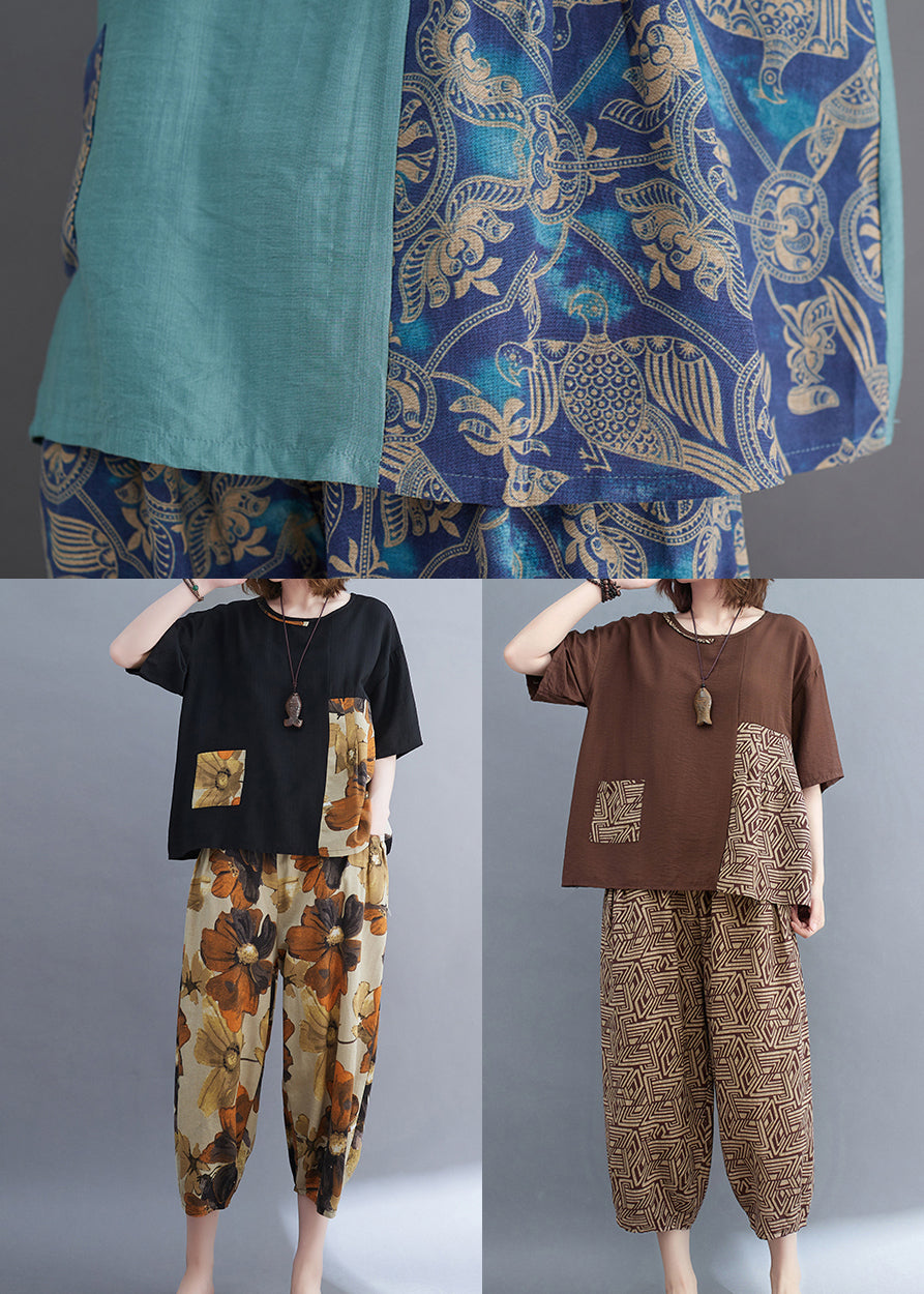 Brown Patchwork Print Cotton Two Piece Set Asymmetrical Summer