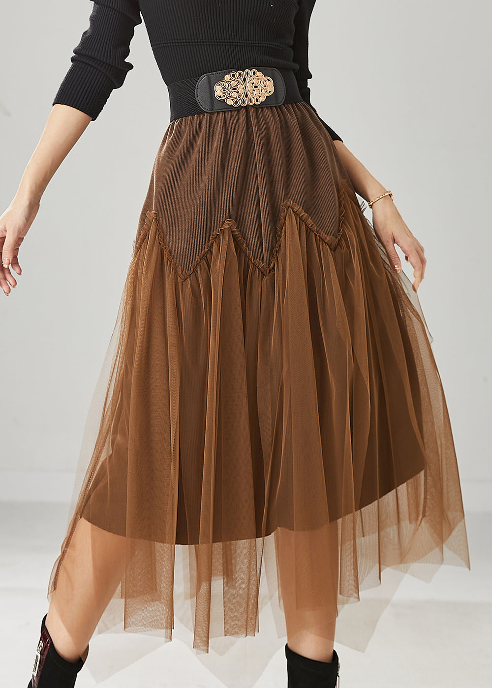 Brown Patchwork Tulle Corduroy Skirt Elastic Waist Spring