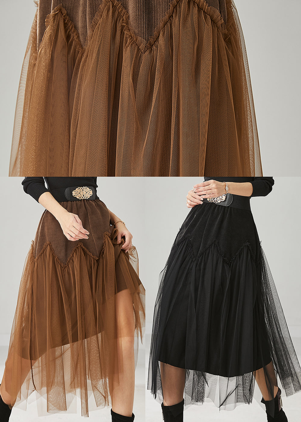 Brown Patchwork Tulle Corduroy Skirt Elastic Waist Spring