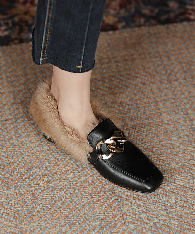 Brown Penny Loafers Cowhide Leather Elegant Splicing Fuzzy Wool Lined