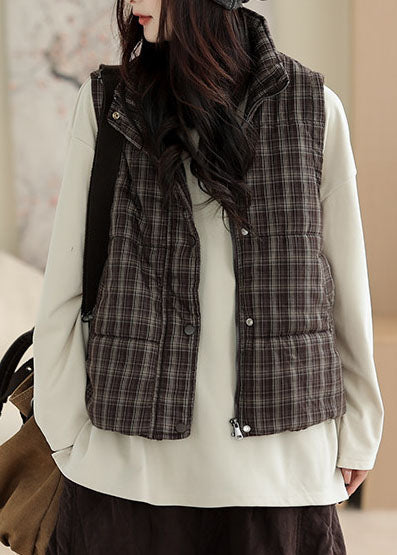 Brown Plaid Fine Warm Cotton Filled Puffer Vest Winter