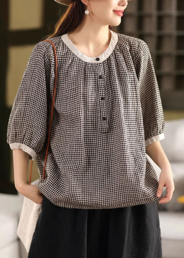 Brown Plaid Linen Top Oversized Half Sleeve