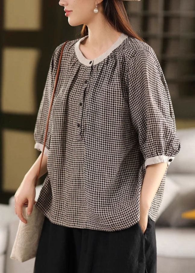 Brown Plaid Linen Top Oversized Half Sleeve