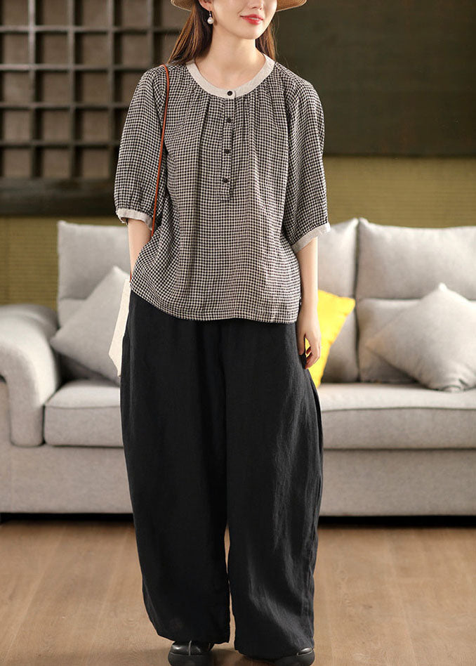 Brown Plaid Linen Top Oversized Half Sleeve
